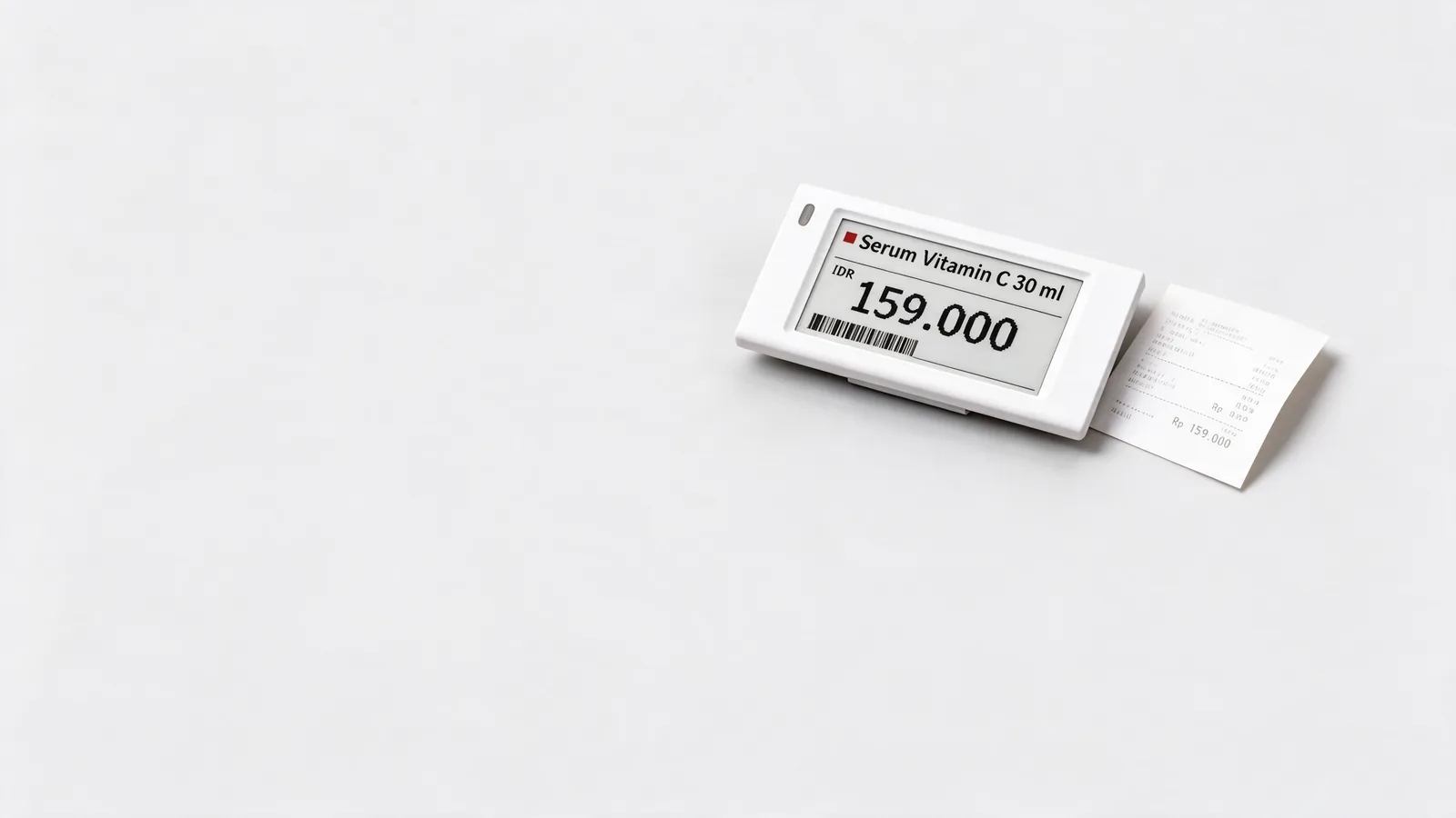 A printed till receipt and a white electronic shelf label side by side, both showing Rp 159.000.