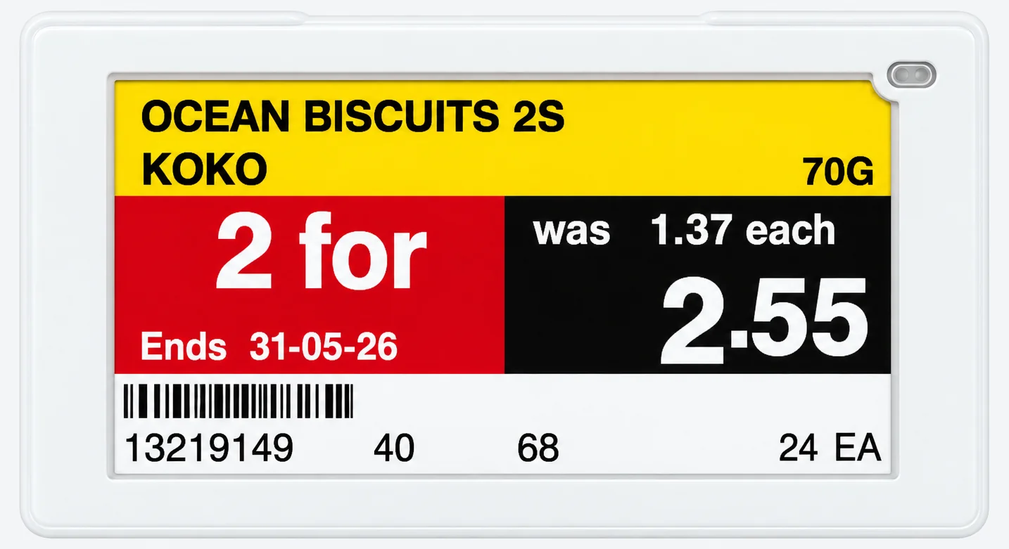 A white shelf label with a yellow header, a red two-for block with an end date, a black block with the price 2.55 and a barcode strip.