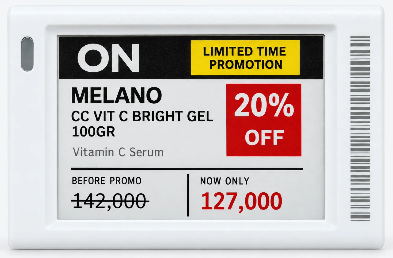 A white shelf label showing a store wordmark, a yellow limited time promotion tag, a red 20 percent off block and before and now prices.