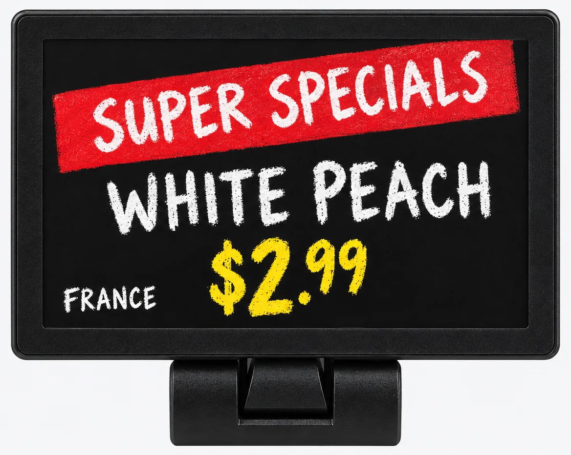 A black chalkboard-style shelf label on a clip showing a red super specials banner, white peach in white chalk lettering and the price 2.99 in yellow.