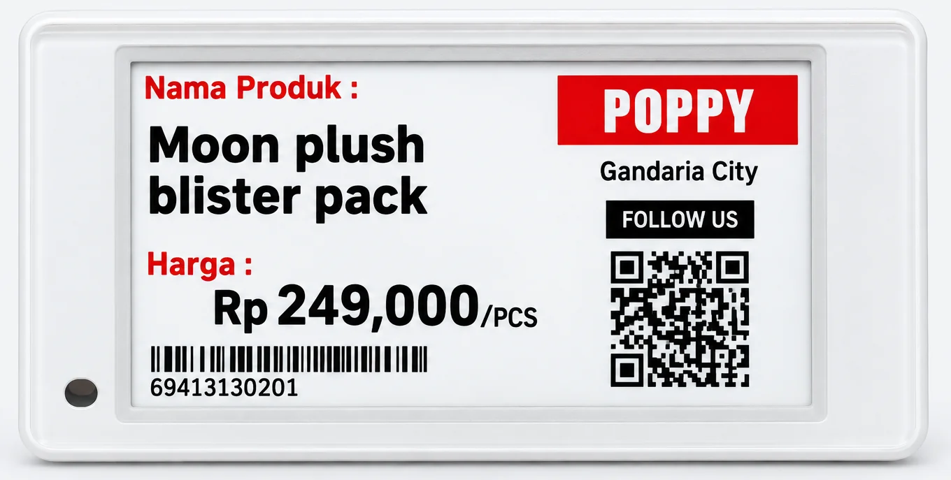 A white shelf label showing Bahasa field labels, a plush toy product name, the price Rp 249,000 per piece, a red store block and a follow-us QR code.